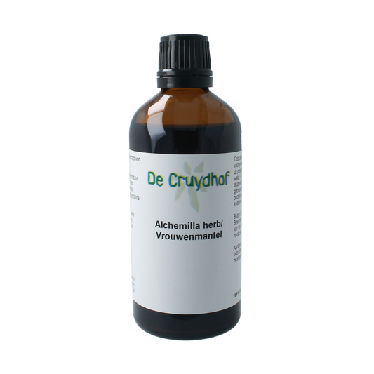 Cruydhof Alchemilla vulgaris tinctuur in 100ml bottle, herbal preparation featuring vrouwenmantel leaves and flowers.
