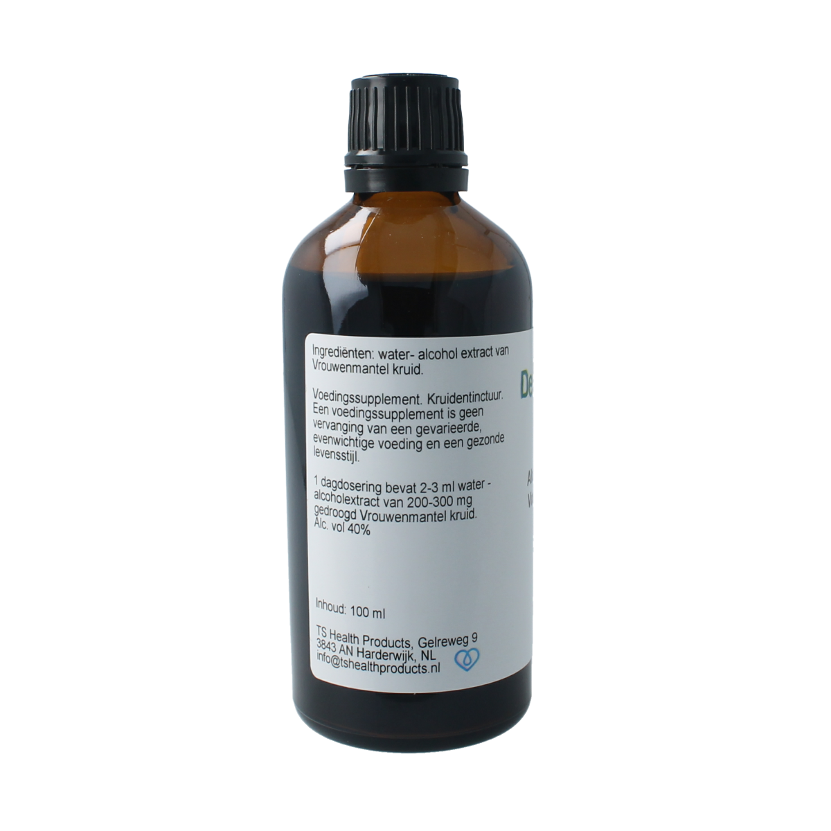 Cruydhof Alchemilla vulgaris tinctuur in 100ml bottle, herbal remedy from Cruydhof with fresh green leaves and natural packaging.