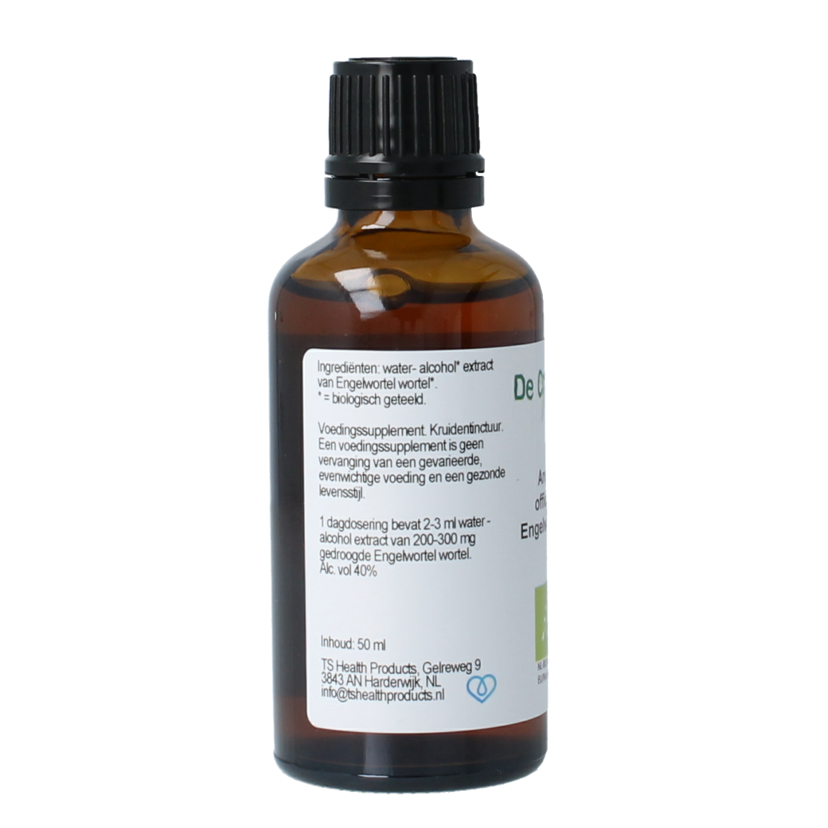Cruydhof Angelica officinalis bio tinctuur in 50ml bottle, herbal preparation with fresh angelica roots and herbs.
