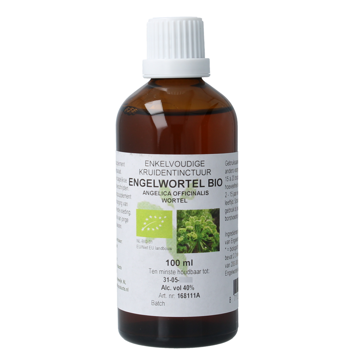 Cruydhof Angelica officinalis bio tinctuur in 100ml bottle, herbal preparation with fresh angelica root for natural remedies.