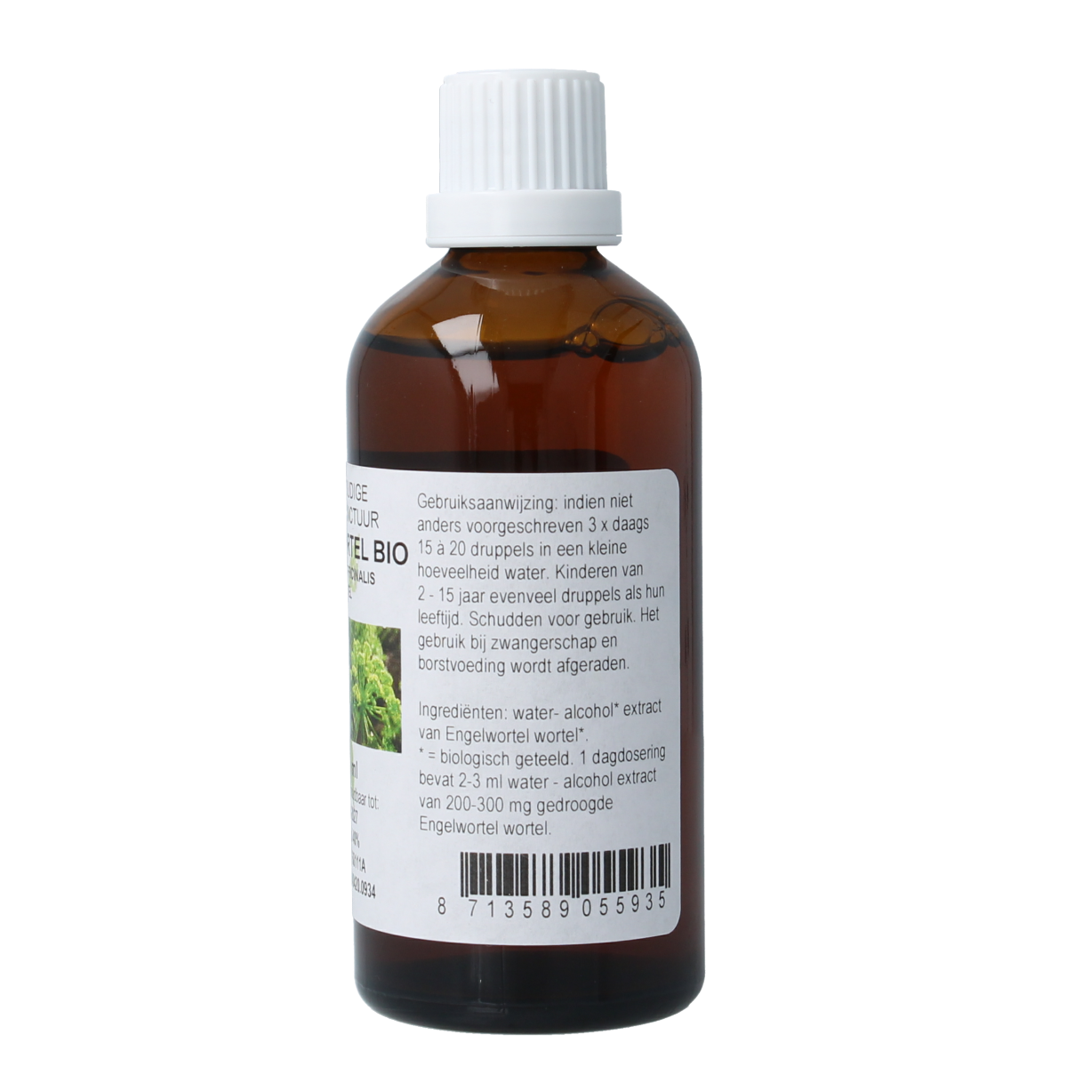 Cruydhof Angelica officinalis bio tinctuur bottle, herbal preparation in a 100ml glass container with label showing product details.