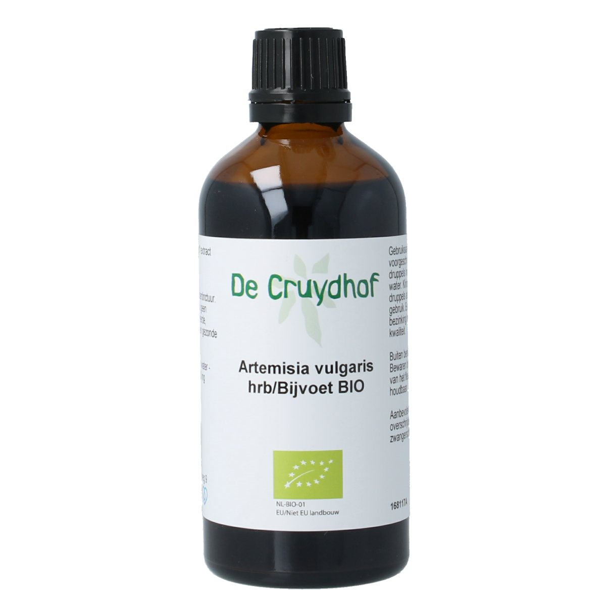 Cruydhof Artemisia vulgaris herbal tincture in a 100ml bottle, natural bio kruidpreparaat with fresh herb leaves visible.