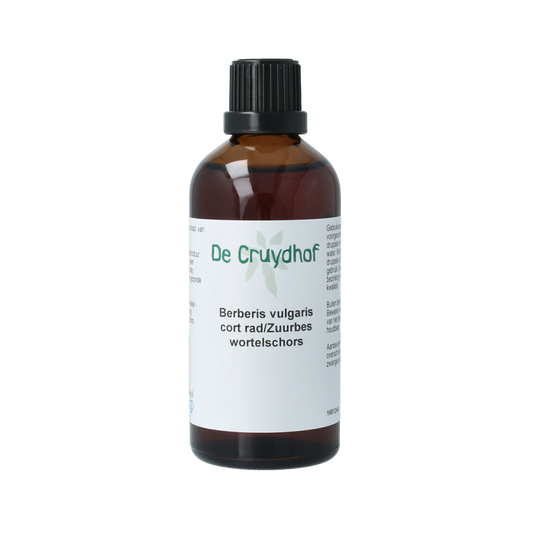 Cruydhof Berberis vulgaris tinctuur in 100ml bottle, herbal preparation with root bark of Zuurbes, used for natural remedies.