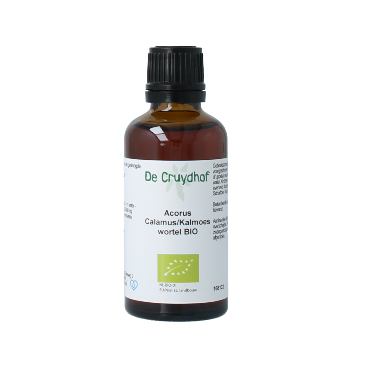Cruydhof bio Acorus calamus tinctuur in 50ml bottle, herbal supplement with kalmoeswortel root for natural health.