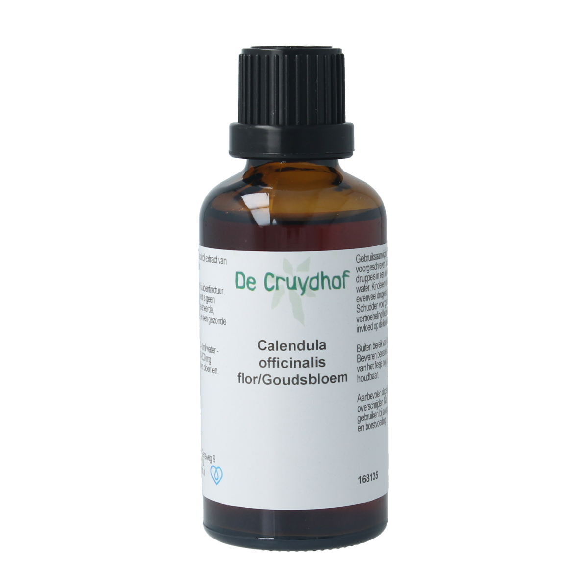 Cruydhof Calendula officinalis tinctuur in 50ml bottle, herbal preparation with bright orange calendula flowers and label.