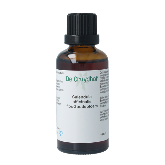 Cruydhof Calendula officinalis tinctuur in 50ml bottle, herbal preparation with bright orange calendula flowers and label.