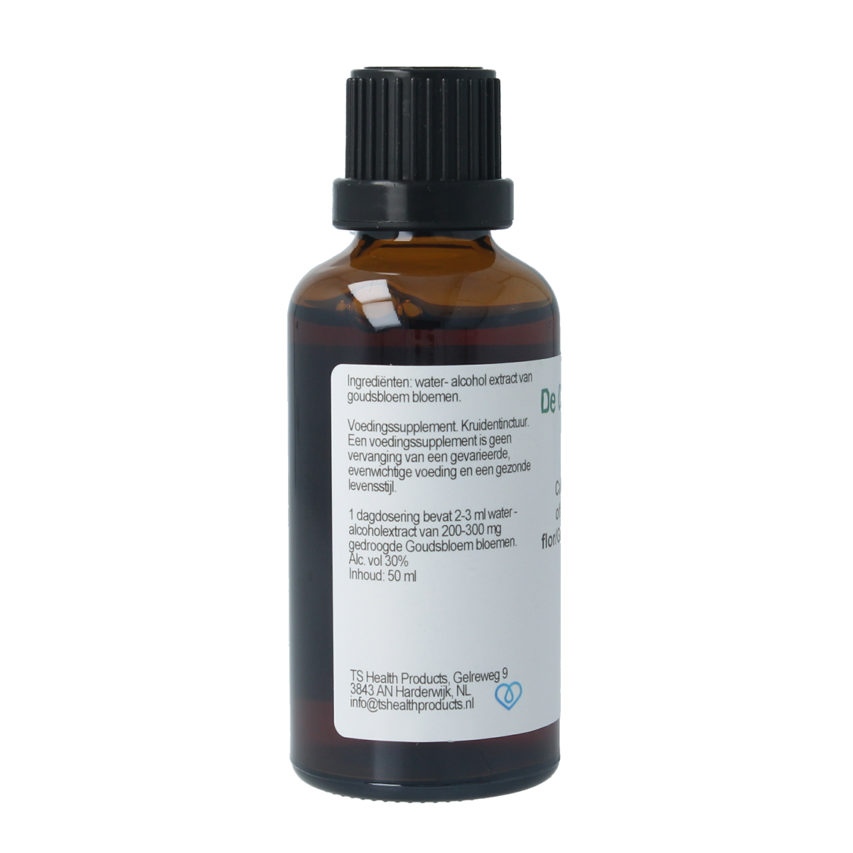 Cruydhof Calendula officinalis goudsbloem tinctuur in 50ml bottle, herbal preparation with bright orange calendula flowers.