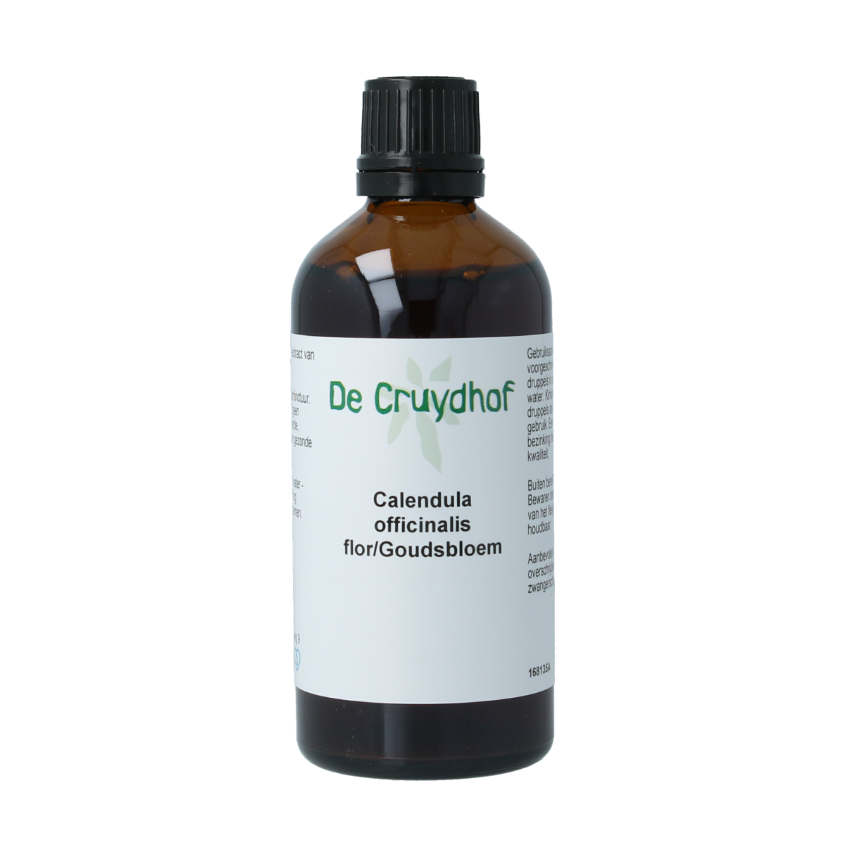 Cruydhof Calendula officinalis tinctuur bottle with label, 100ml herbal preparation made from marigold flowers.