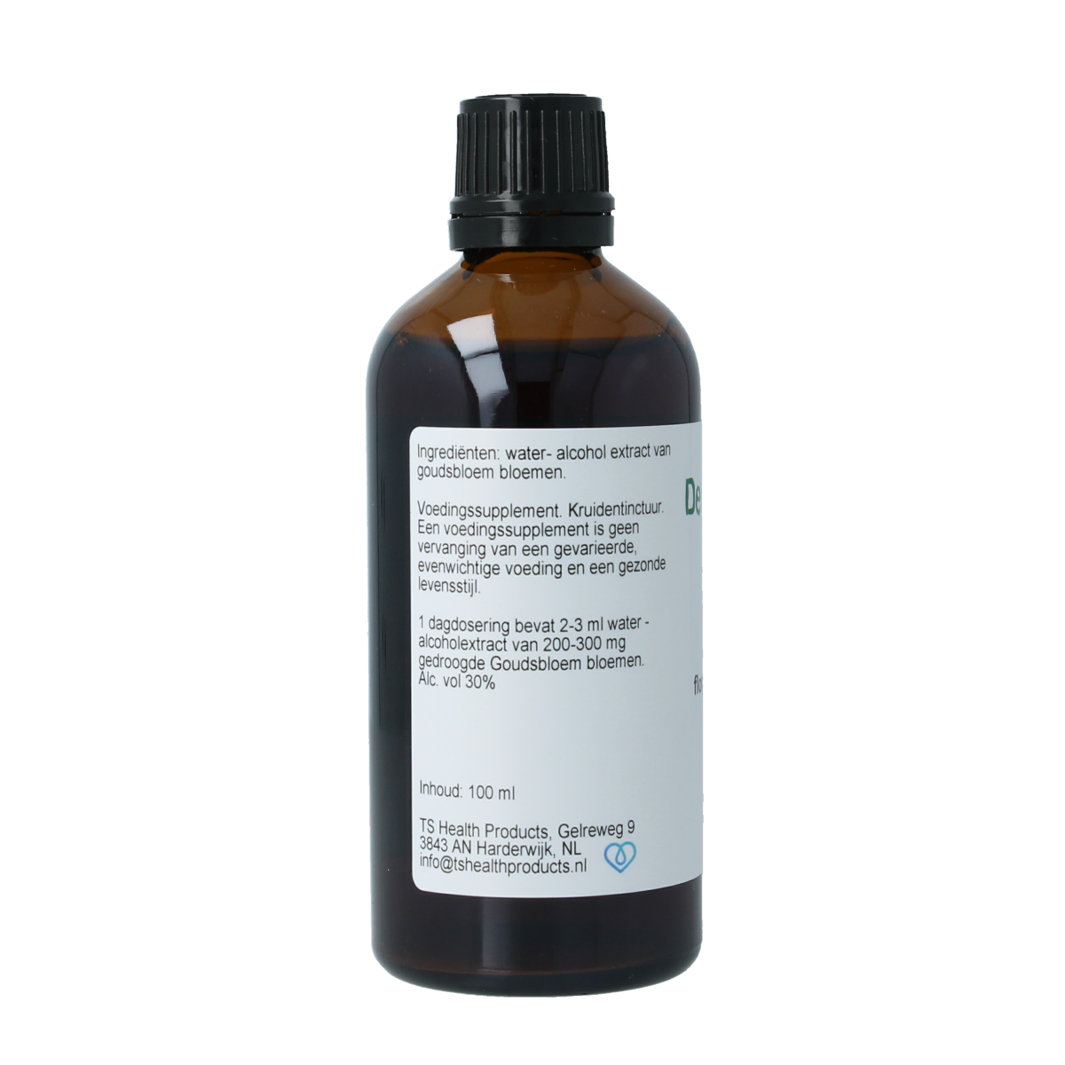 Cruydhof Calendula officinalis tinctuur in a 100ml bottle, herbal preparation featuring bright orange calendula flowers.
