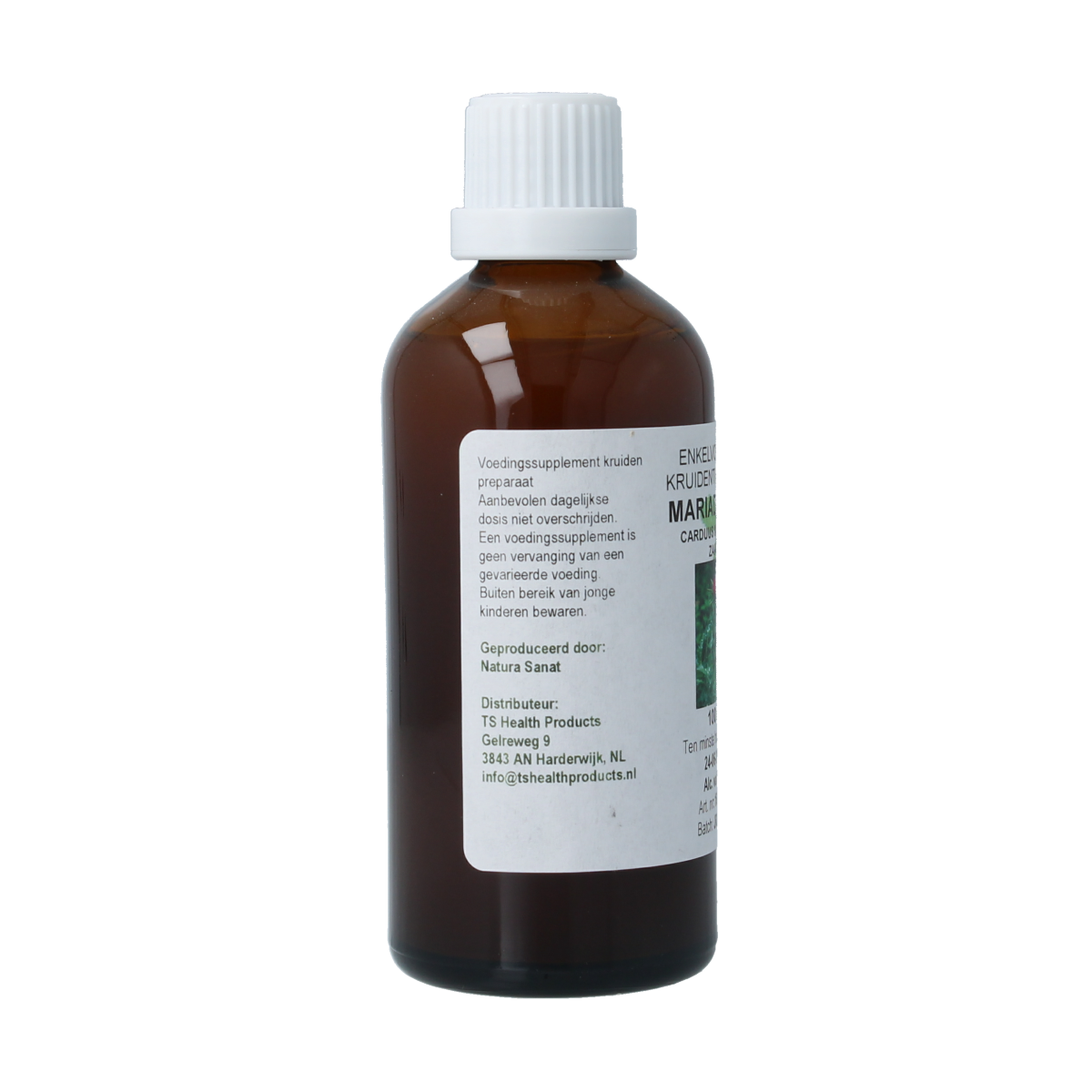 Cruydhof Carduus marianus fructus herbal tincture in 100ml bottle, featuring dried milk thistle seeds for herbal remedy use