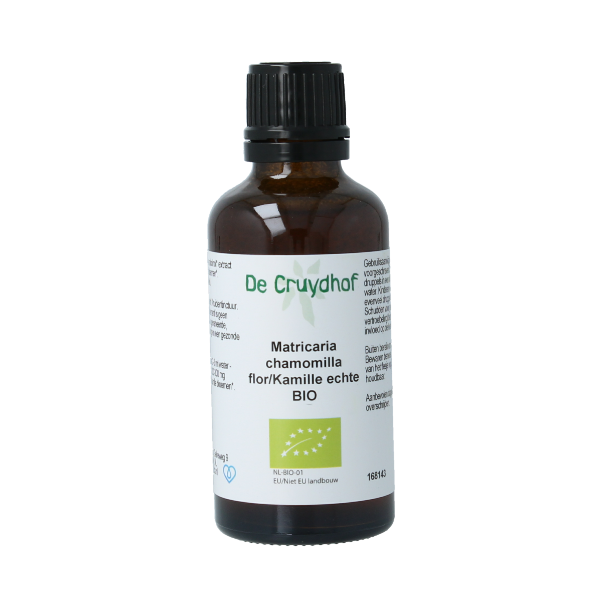 Cruydhof Matricaria chamomilla herbal tincture in 50ml bottle, featuring chamomile flowers and herbal ingredients.
