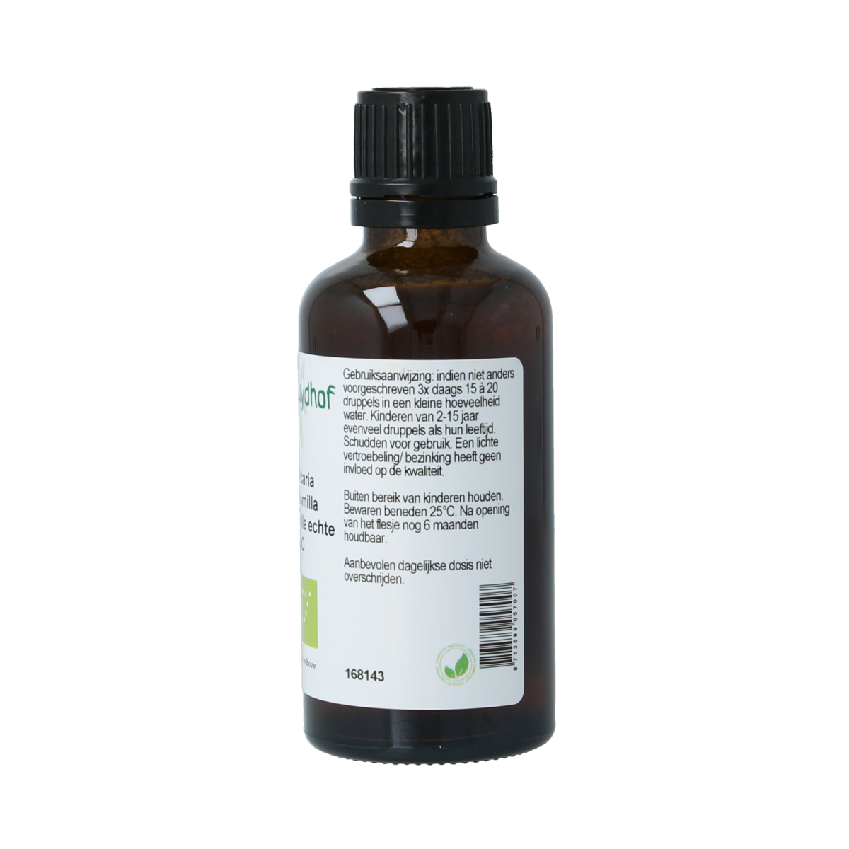 Cruydhof organic Matricaria chamomilla (kamille) tincture in a 50ml bottle, herbal supplement with chamomile flowers.