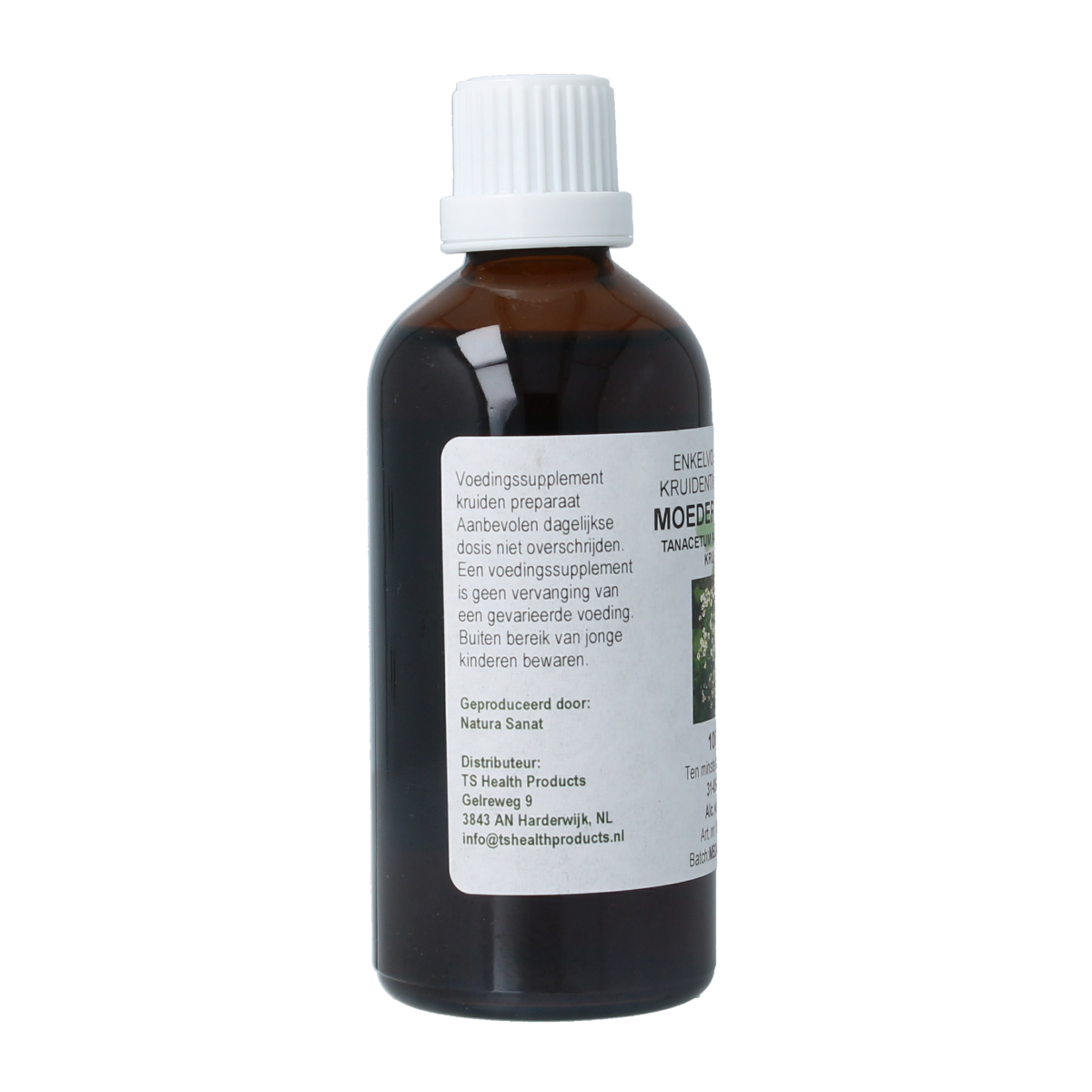 Cruydhof Tanacetum parthenium tincture in a 100ml bottle, herbal preparation of motherwort herb for natural remedies.