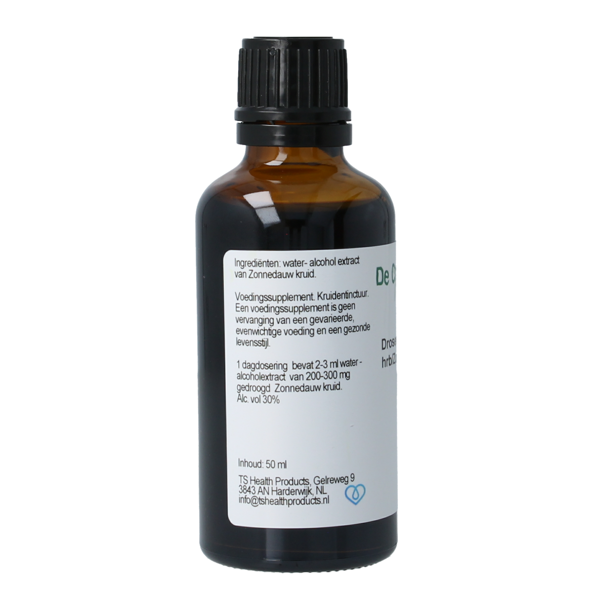 Cruydhof Drosera anglica hrb zonnedauw tinctuur in 50ml bottle, herbal preparation with Drosera plant for natural remedies.