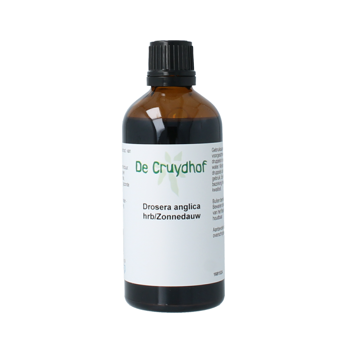Cruydhof Drosera anglica herbal tincture in a 100ml bottle, featuring the Drosera anglica plant, part of herbal preparations.