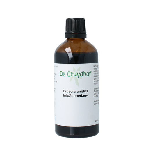 Cruydhof Drosera anglica herbal tincture in a 100ml bottle, featuring the Drosera anglica plant, part of herbal preparations.