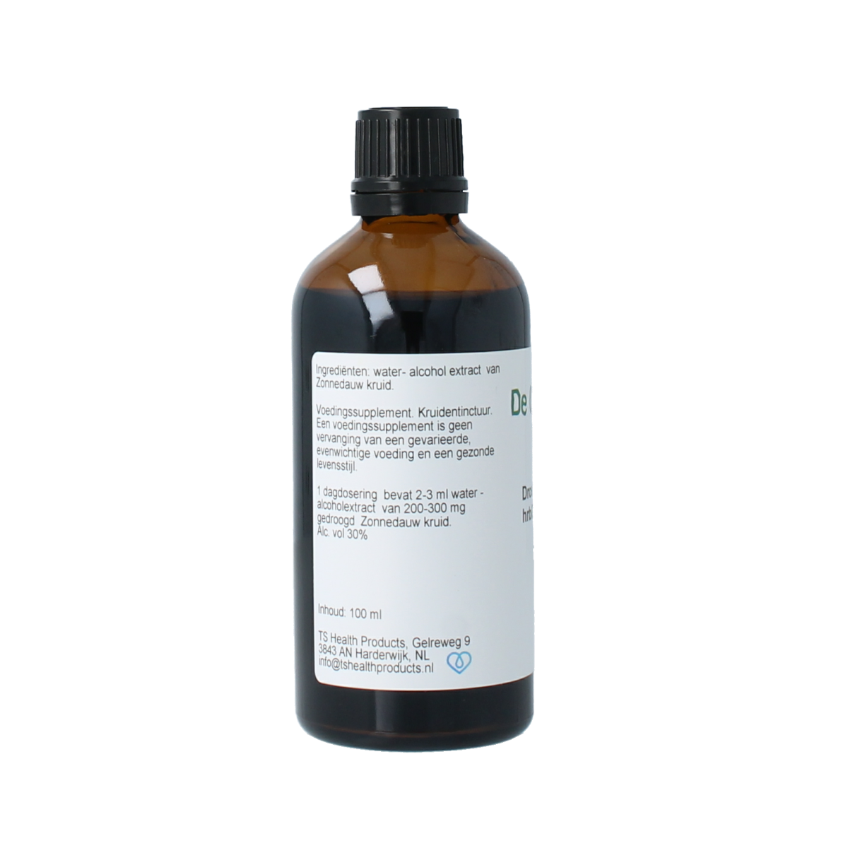 Cruydhof Drosera anglica herbal tincture in a 100ml bottle, featuring dried Drosera anglica plants for herbal preparation.