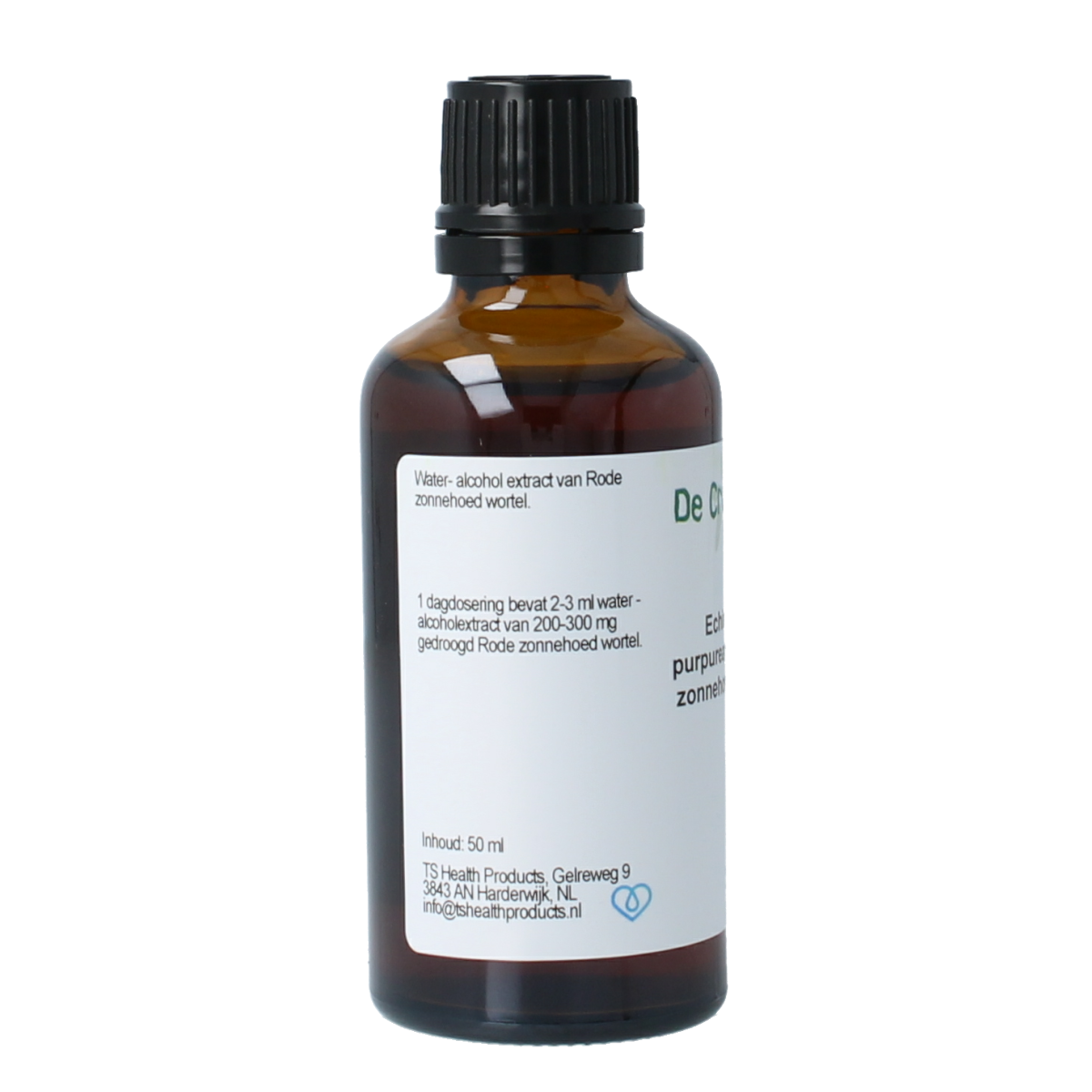 Cruydhof Echinacea purpurea root tincture in a 50ml bottle, herbal supplement with purple flowering plant imagery.