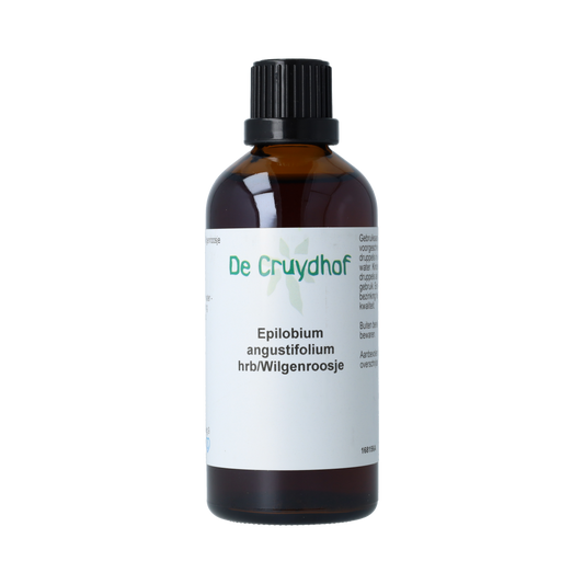 De Cruydhof Epilobium angustifolium tinctuur in 100ml bottle, herbal preparation with bright label and botanical imagery.