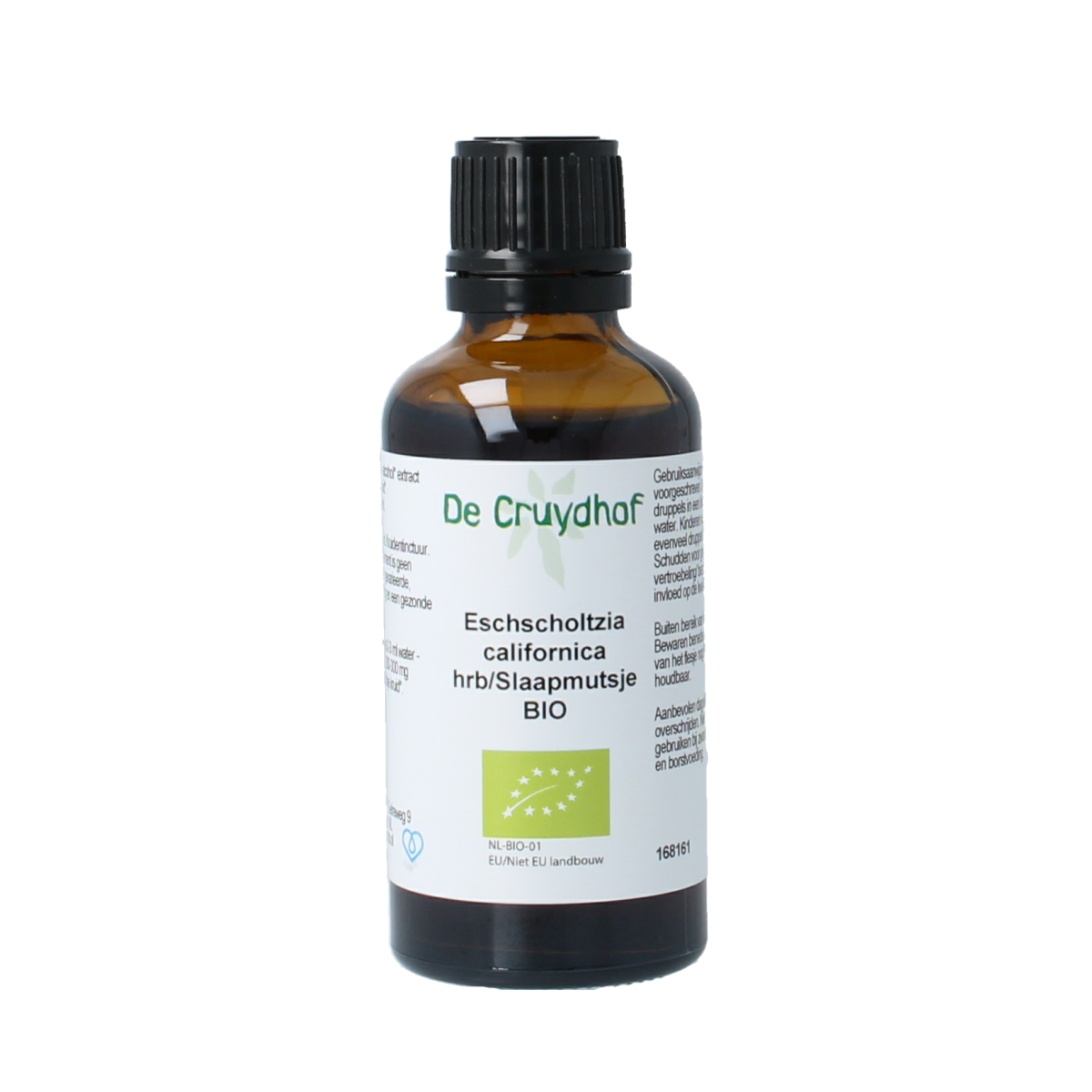 Cruydhof Eschscholtzia calif slaapmutsje tinctuur in 50ml bottle, a herbal supplement made from organic California poppy flowers.