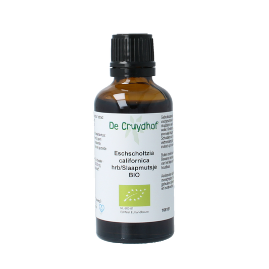 Cruydhof Eschscholtzia calif slaapmutsje tinctuur in 50ml bottle, a herbal supplement made from organic California poppy flowers.