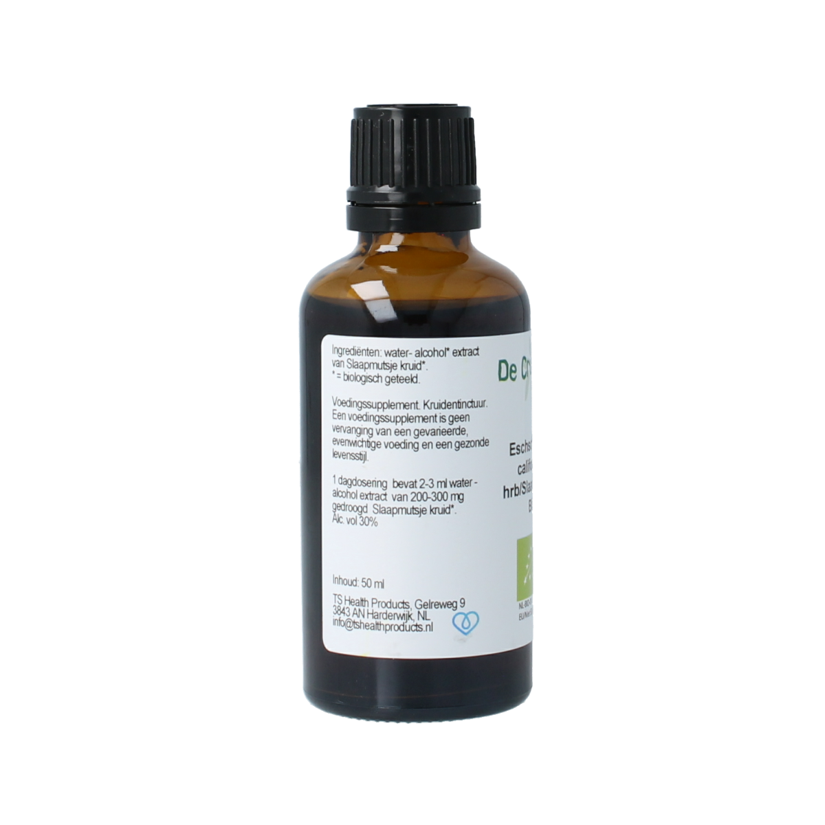 Cruydhof Eschscholtzia californica slaapmutsje tinctuur in 50ml bottle, herbal supplement from Cruydhof, natural medicinal preparation