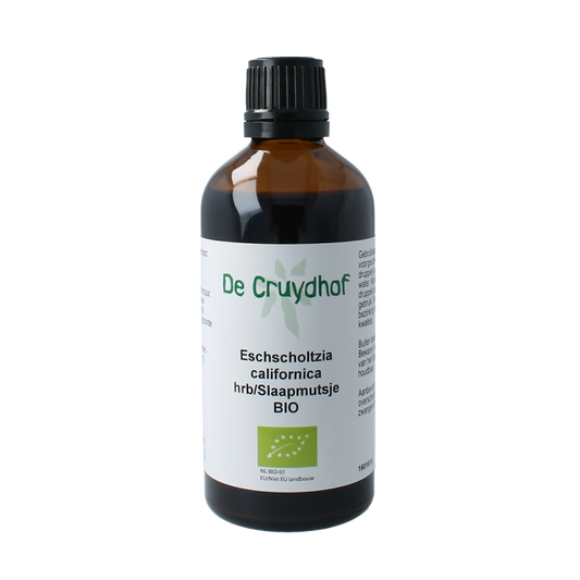 Cruydhof Eschscholtzia californica slaapmutsje tinctuur in 100ml bottle, herbal remedy for relaxation and sleep support.