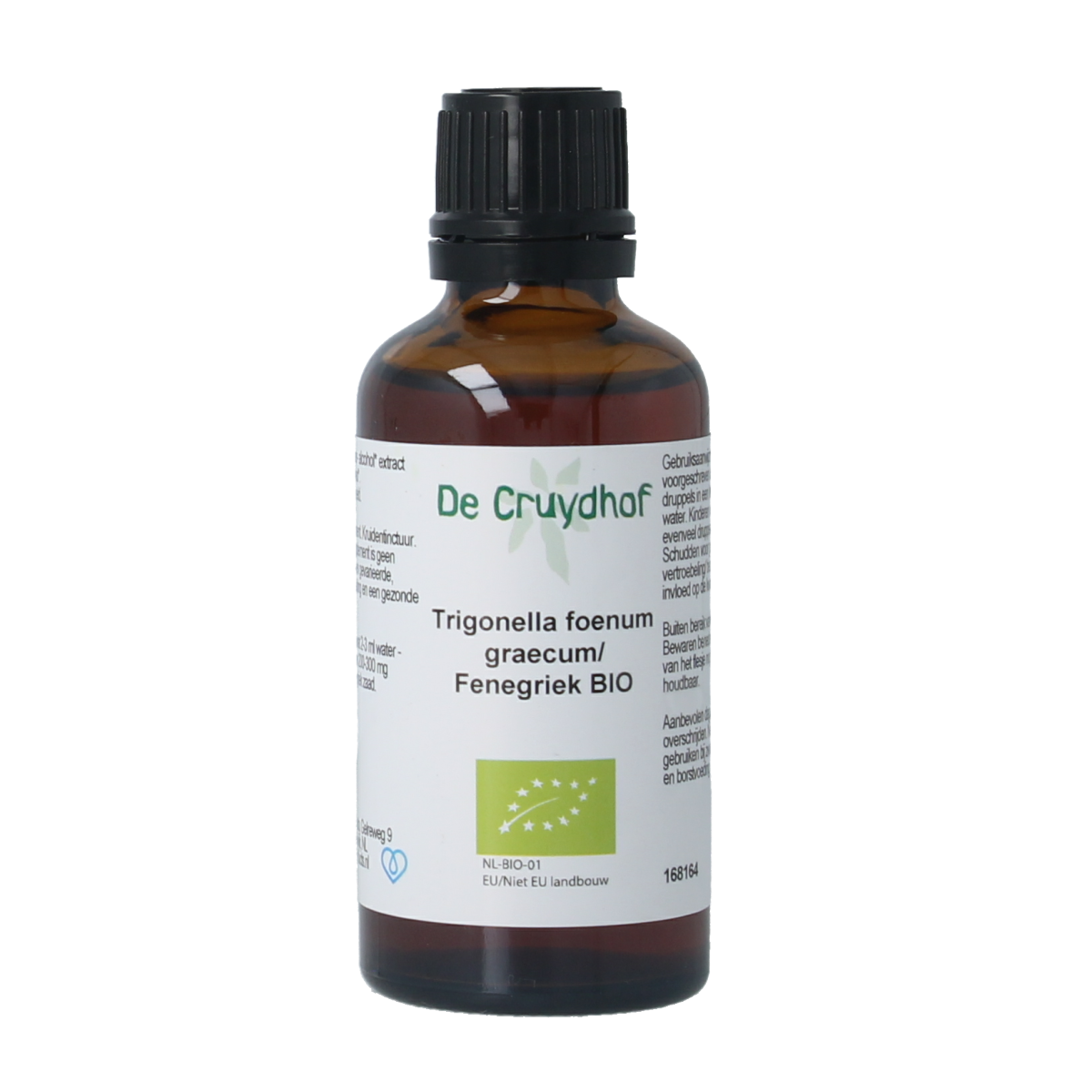 Cruydhof organic Fenegriek tincture in a 50ml bottle, herbal preparation with fresh Fenegriek herbs for natural health.
