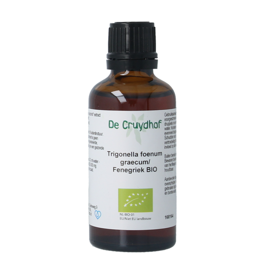 Cruydhof organic Fenegriek tincture in a 50ml bottle, herbal preparation with fresh Fenegriek herbs for natural health.