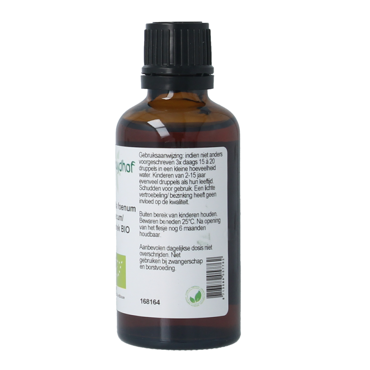 Cruydhof organic Fenegriek tincture in 50ml bottle, herbal preparation with fresh green herbs, natural medicinal remedy.