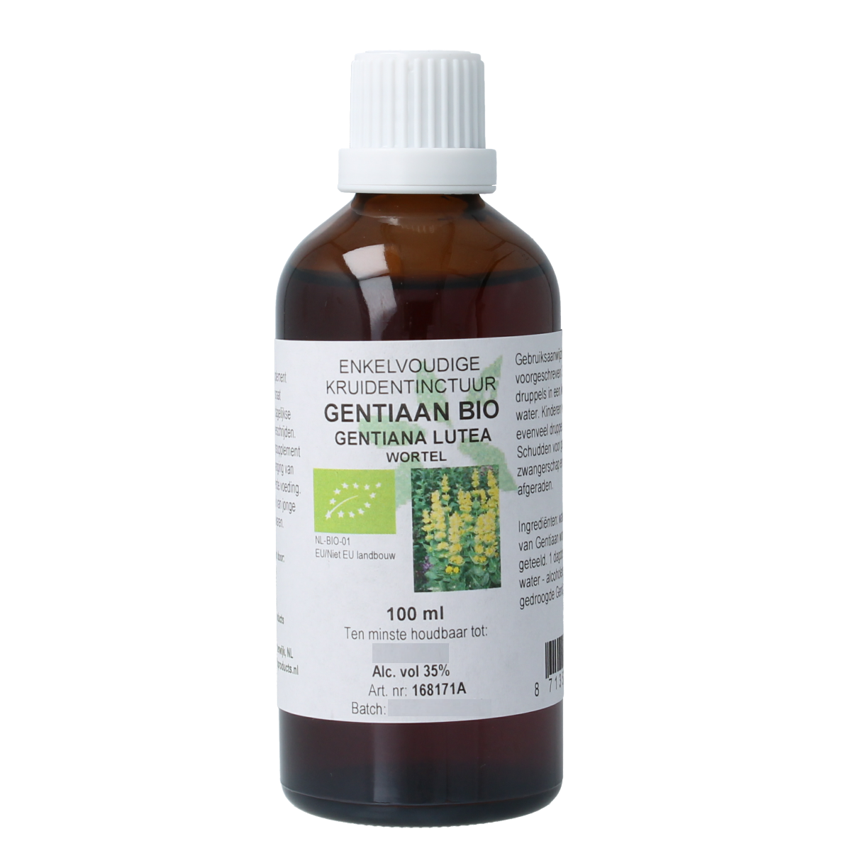 Cruydhof Gentiana lutea radix herbal tincture in a 100ml bottle, showcasing the herbal extract for natural remedies.
