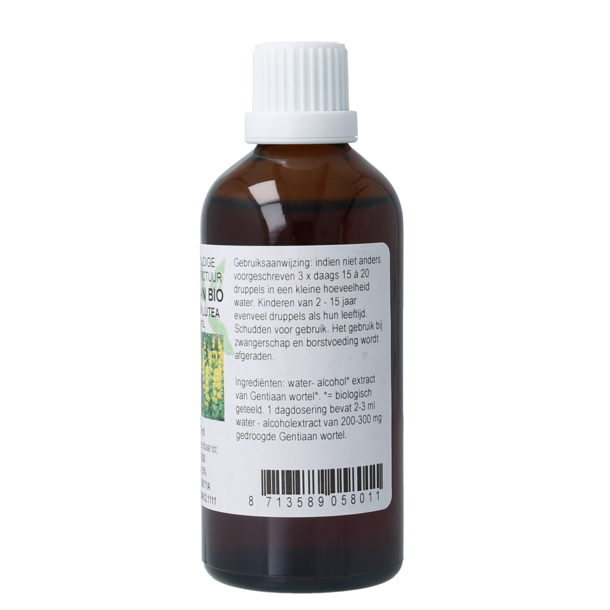 Cruydhof Gentiana lutea radix herbal tincture in a 100ml bottle, featuring a dark glass container with a label displaying the product name.