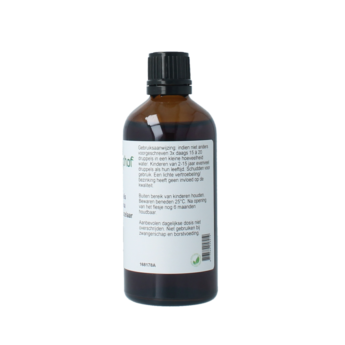 Cruydhof Hamamelis virginiana tincture in 100ml bottle, herbal remedy from Cruydhof, with amber-colored liquid visible in the bottle.
