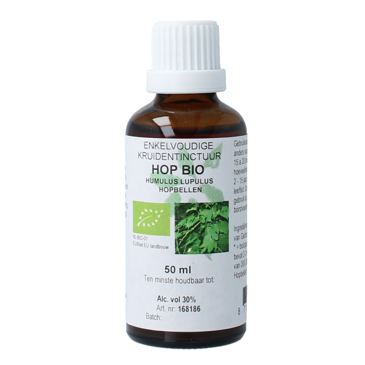 Cruydhof bio hop tincture in a 50ml bottle, herbal preparation with fresh hop flowers for natural wellness.