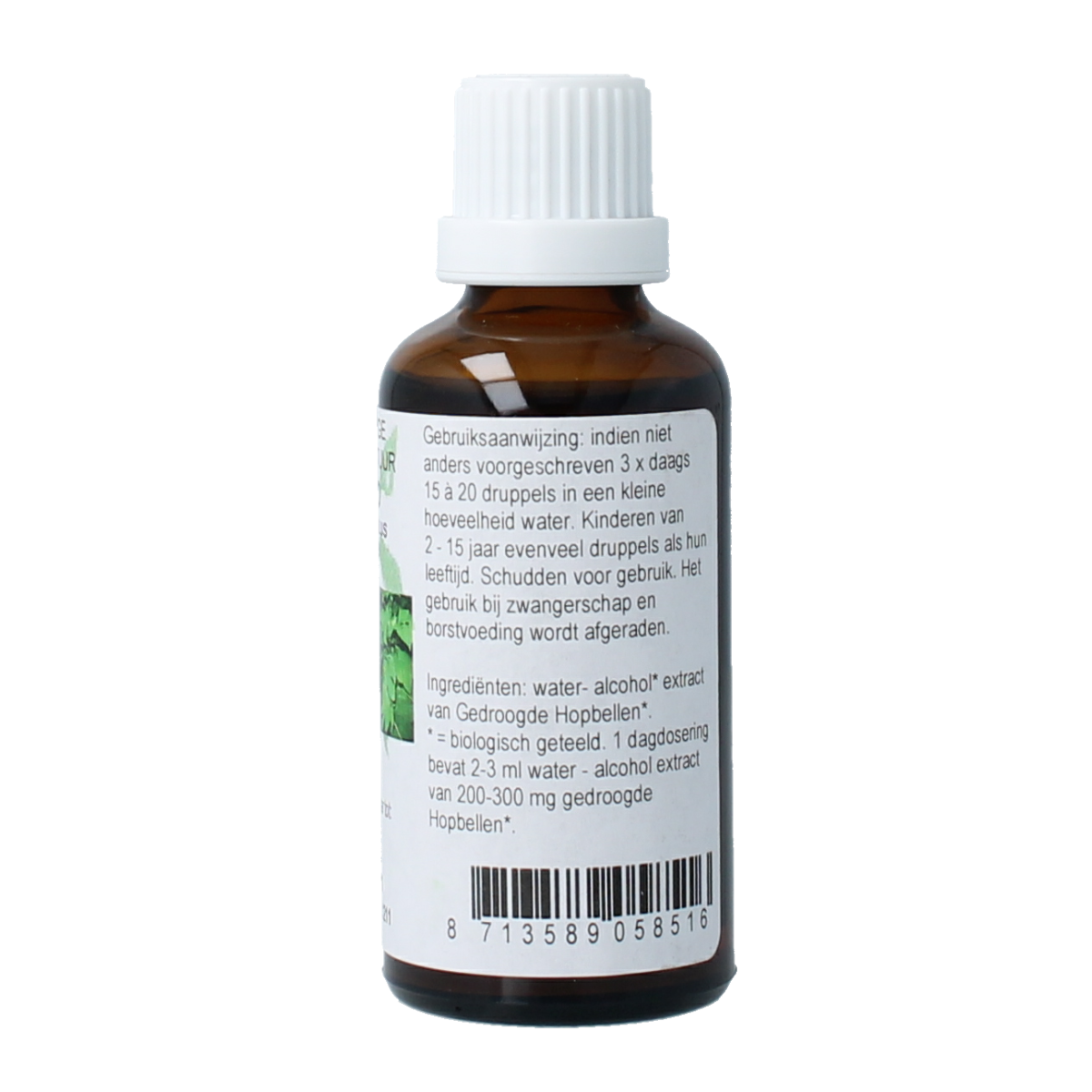 Cruydhof organic hop tincture in 50ml bottle, herbal remedy from Cruydhof, featuring fresh hop plant imagery.