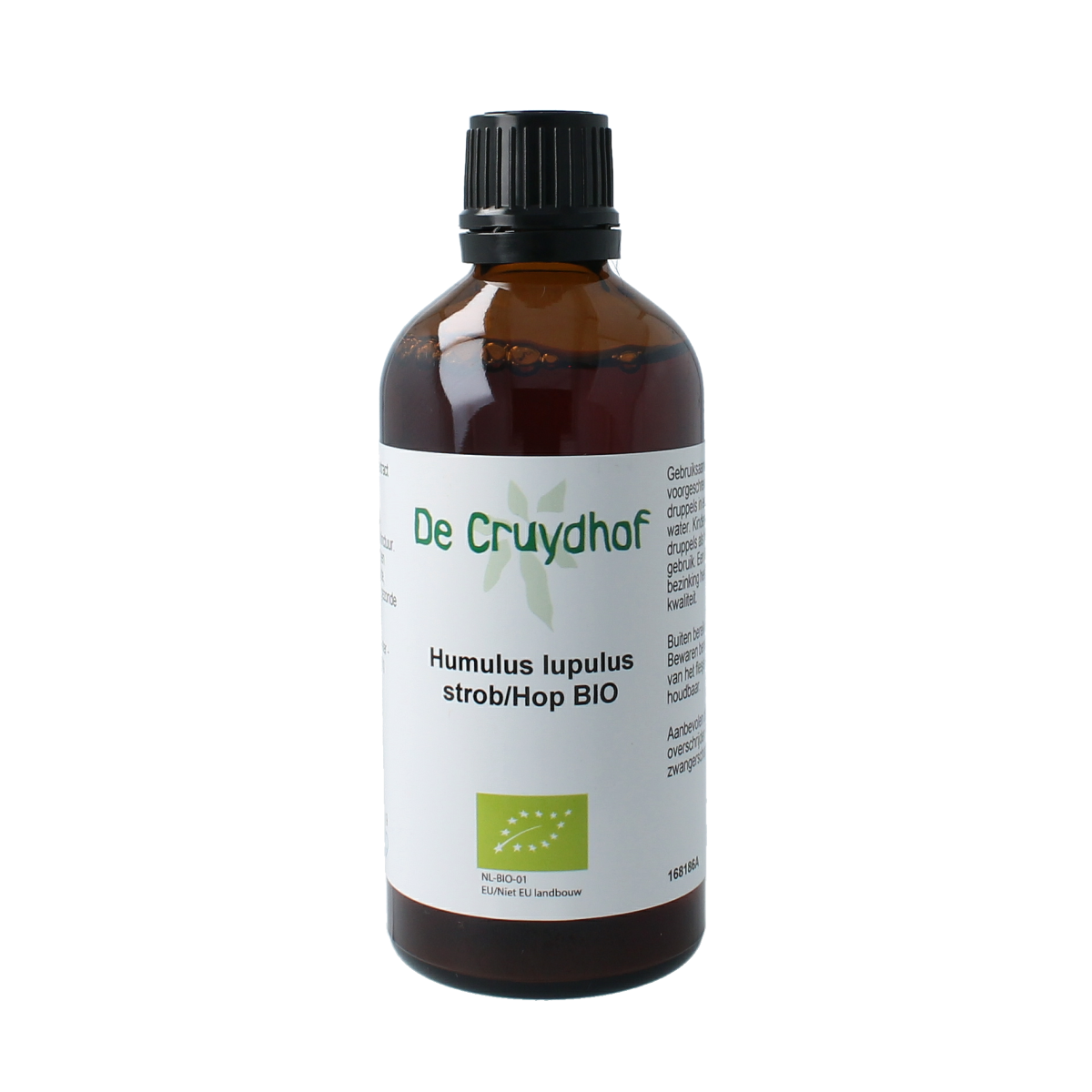 Cruydhof organic hop tincture in a 100ml bottle, herbal supplement from Cruydhof with hop flowers for natural wellness.