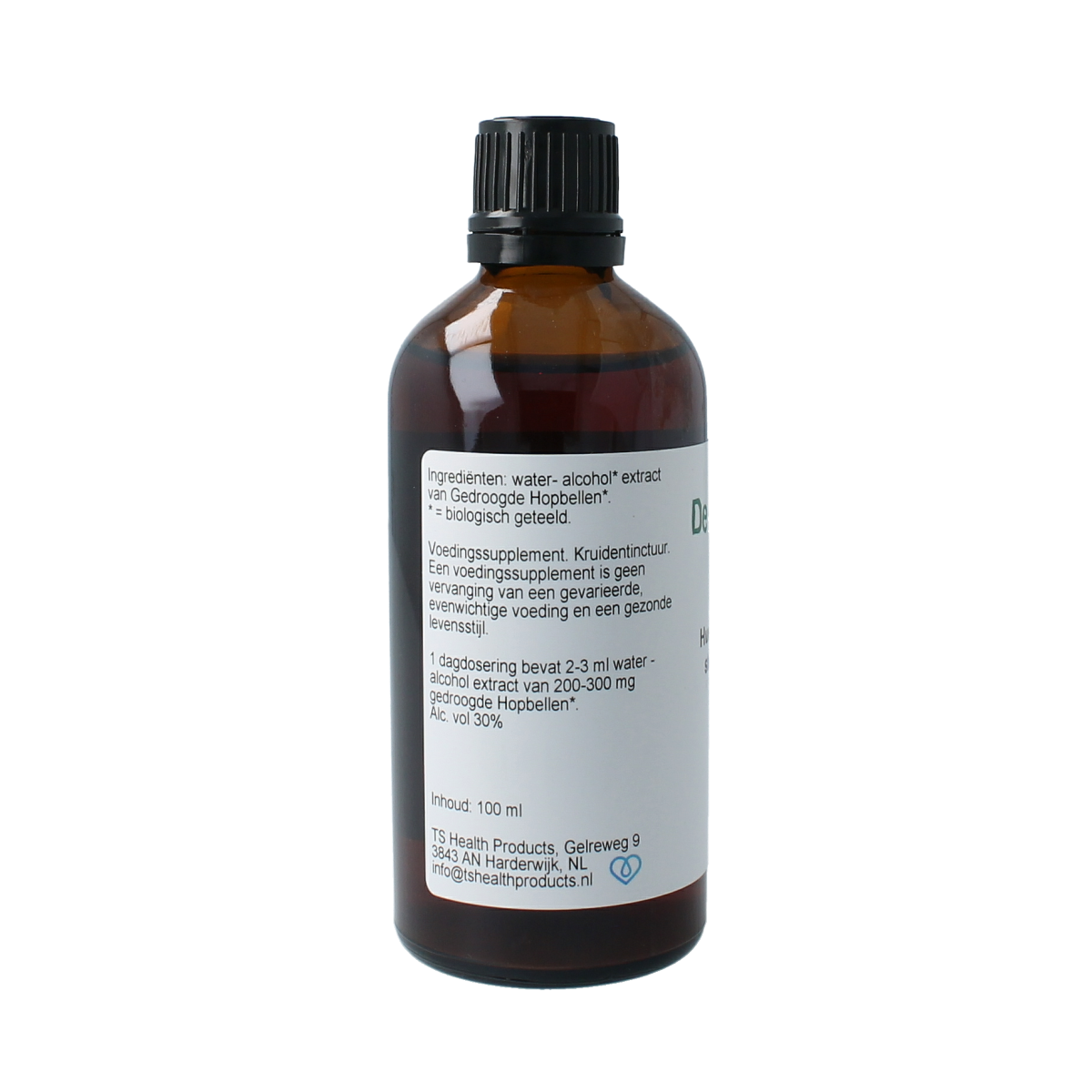 Cruydhof organic hop tincture in a 100ml bottle, herbal supplement with hop plant imagery on label.