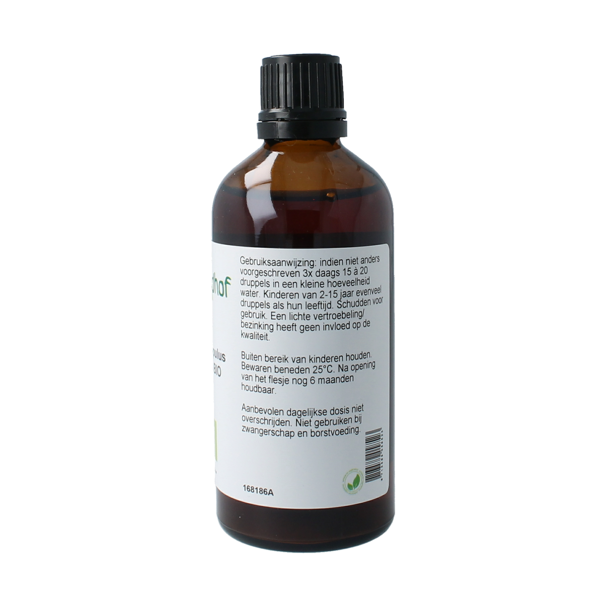 Cruydhof organic hop tincture in 100ml bottle, herbal supplement with fresh hop plant images and label details.
