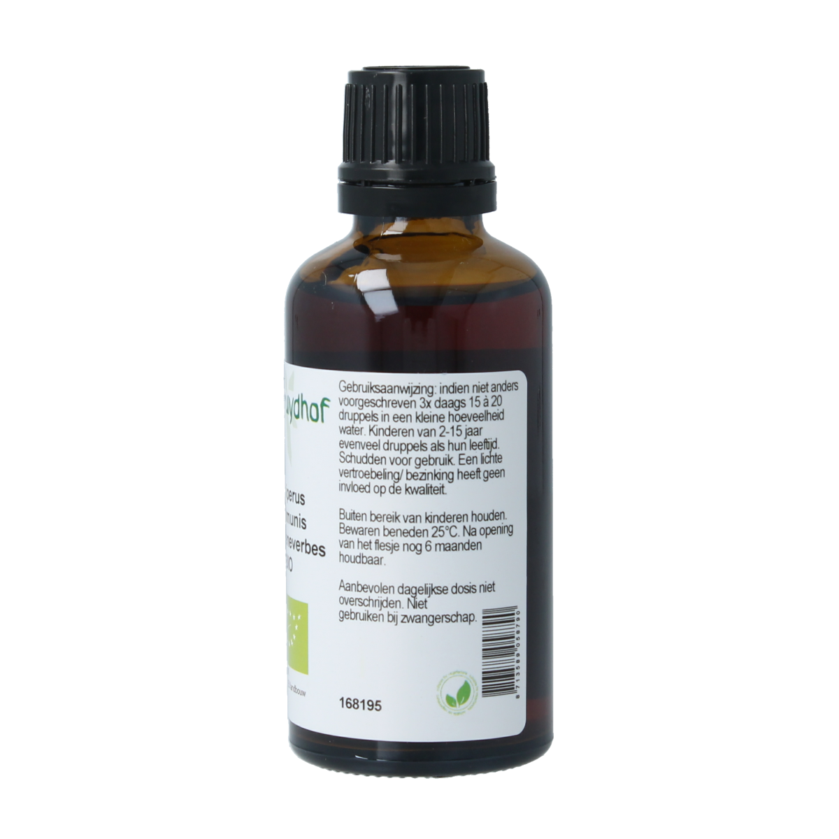 Cruydhof Juniperus communis fruct tincture in a 50ml bottle, herbal preparation with fresh juniper berries for natural remedy.