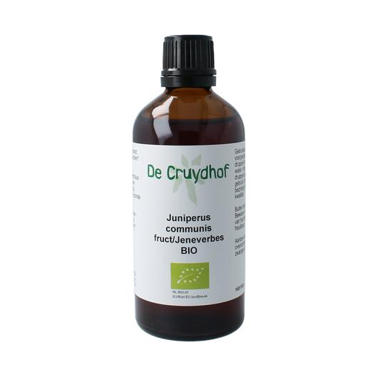 Cruydhof Juniperus communis juniper berry tincture in a 100ml bottle, herbal preparation with berries and liquid extract.