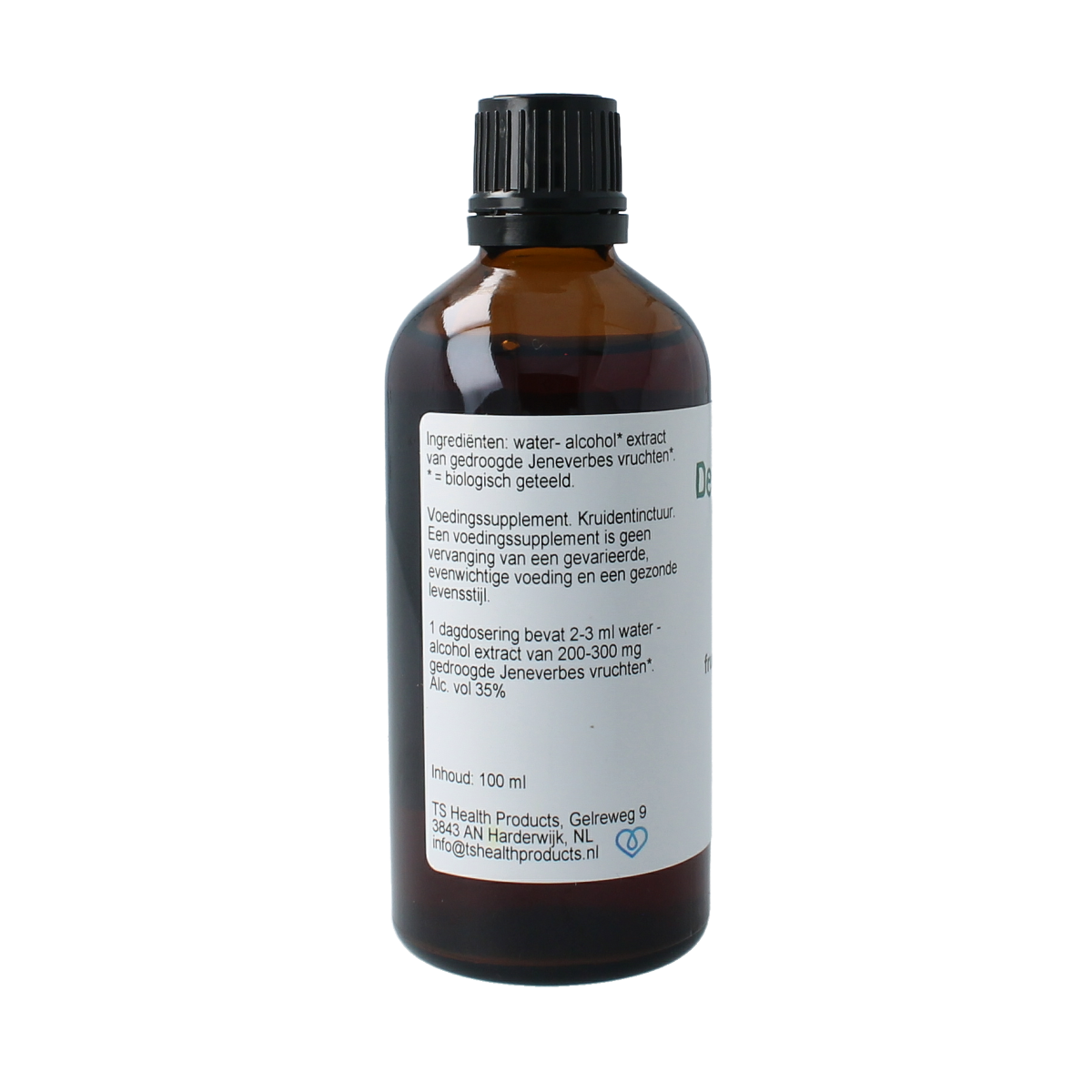 Cruydhof organic juniper berries tincture in a 100ml bottle, showcasing the herbal preparation with juniper berries on the label.