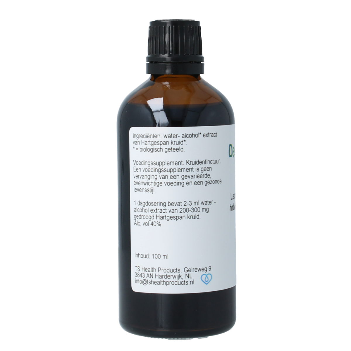 Cruydhof Leonorus card herbal tincture bottle, 100ml, made with organic hartgespan herb, shown with label and glass dropper