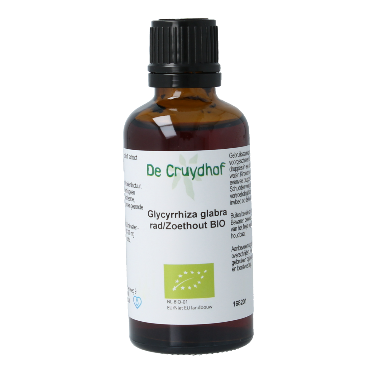 Cruydhof Glycyrrhiza glabra radix bio tinctuur in a 50ml bottle, herbal preparation of licorice root with natural ingredients.