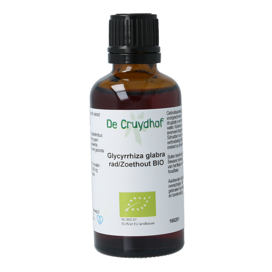 Cruydhof Glycyrrhiza glabra radix bio tinctuur in a 50ml bottle, herbal preparation of licorice root with natural ingredients.