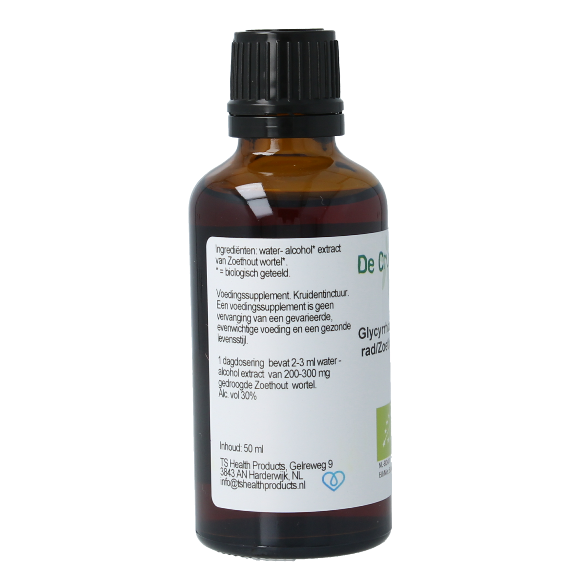 Cruydhof Glycyrrhiza glabra radix zoethout tinctuur in 50ml bottle, herbal preparation with organic licorice root extract.