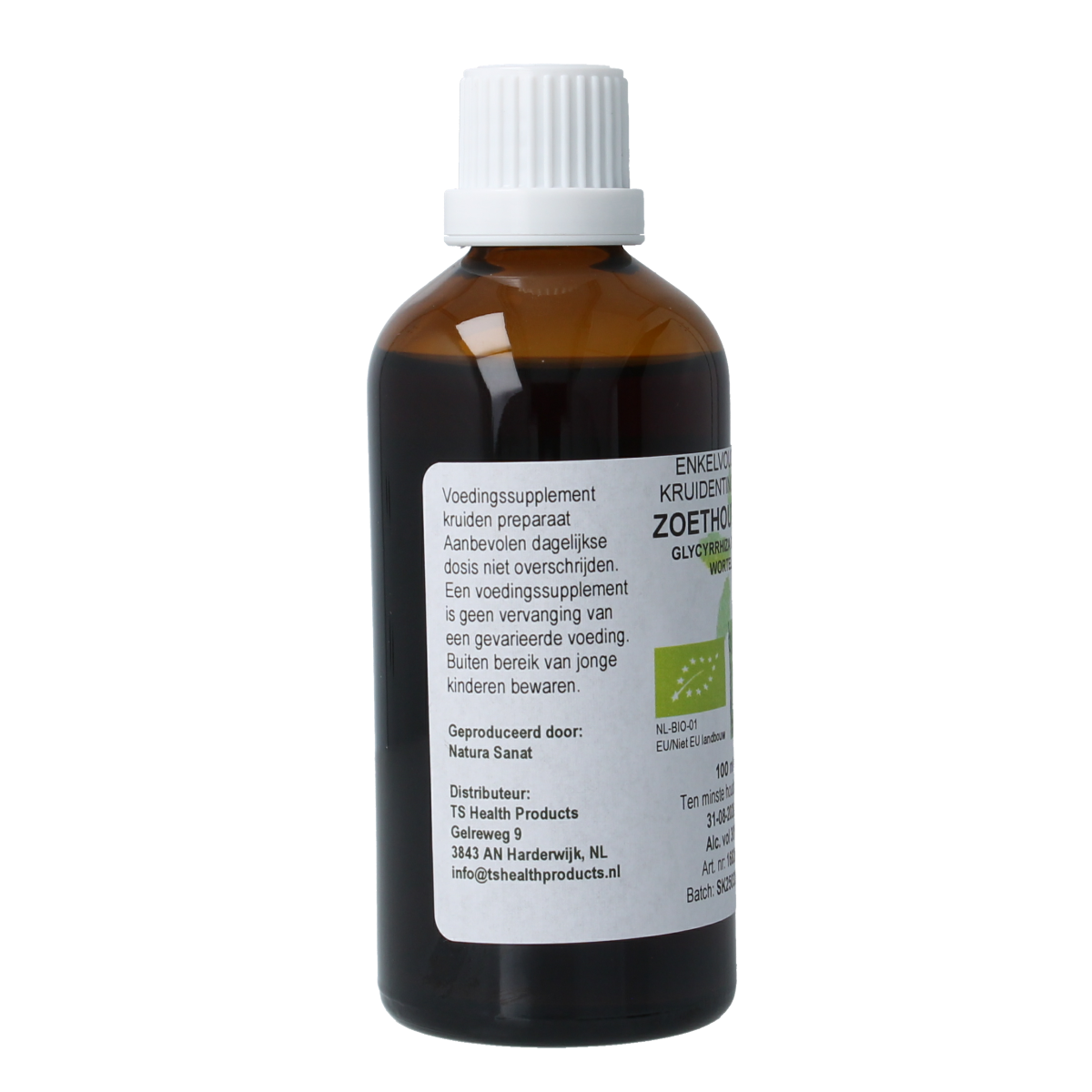 Natura Sanat Glycyrrhiza glabra radix bio tinctuur in 100ml bottle, herbal preparation with licorice root for herbal remedies.