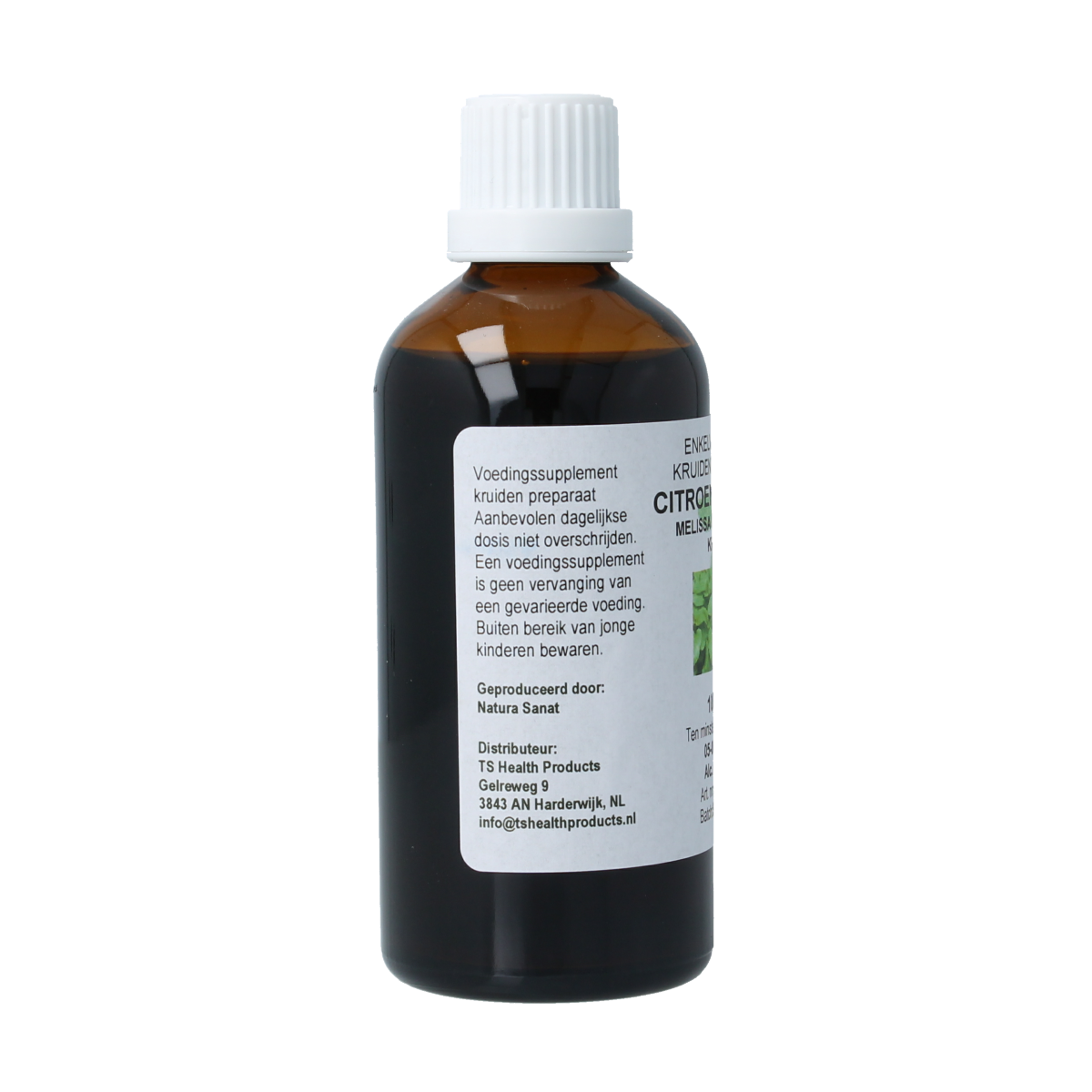 Cruydhof Melissa officinalis herb tincture in 100ml bottle, featuring fresh lemon balm leaves and herbal preparation label.