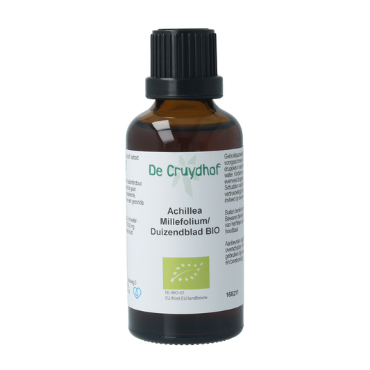 Cruydhof Achillea millefolium tinctuur in a 50ml bottle, a natural herbal remedy from Cruydhof's organic kruidenpreparaten line.