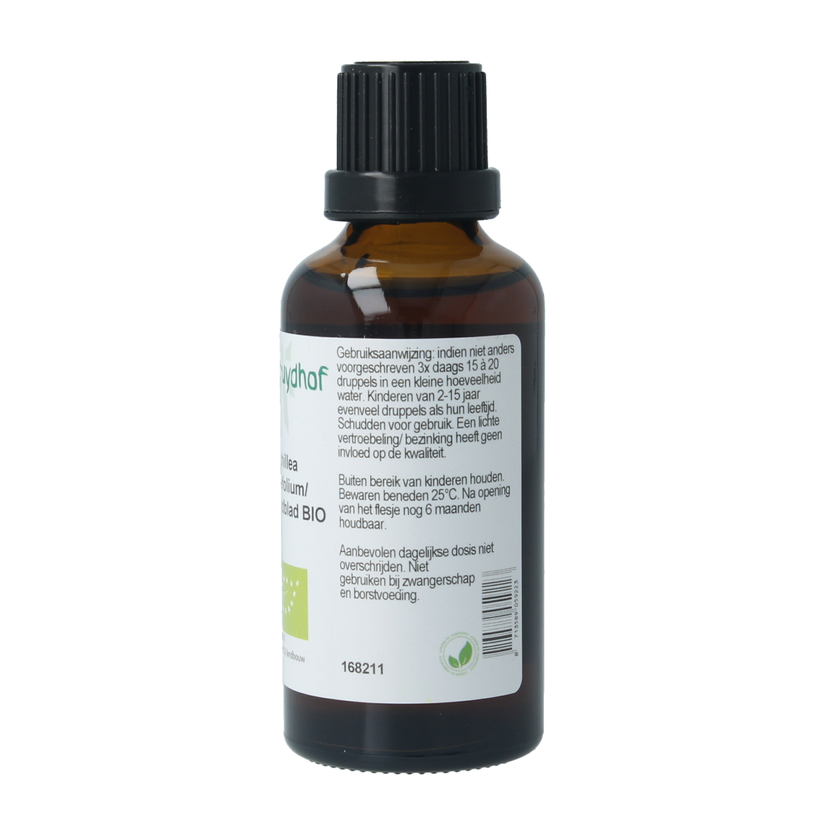 Cruydhof Achillea millefolium tinctuur in 50ml bottle, herbal preparation with organic yarrow plant, natural herbal remedy.