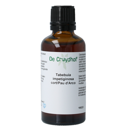 Cruydhof Pau d'Arco tinctuur in 50ml bottle, herbal supplement from Tabebuia impetiginosa, natural herbal remedy.